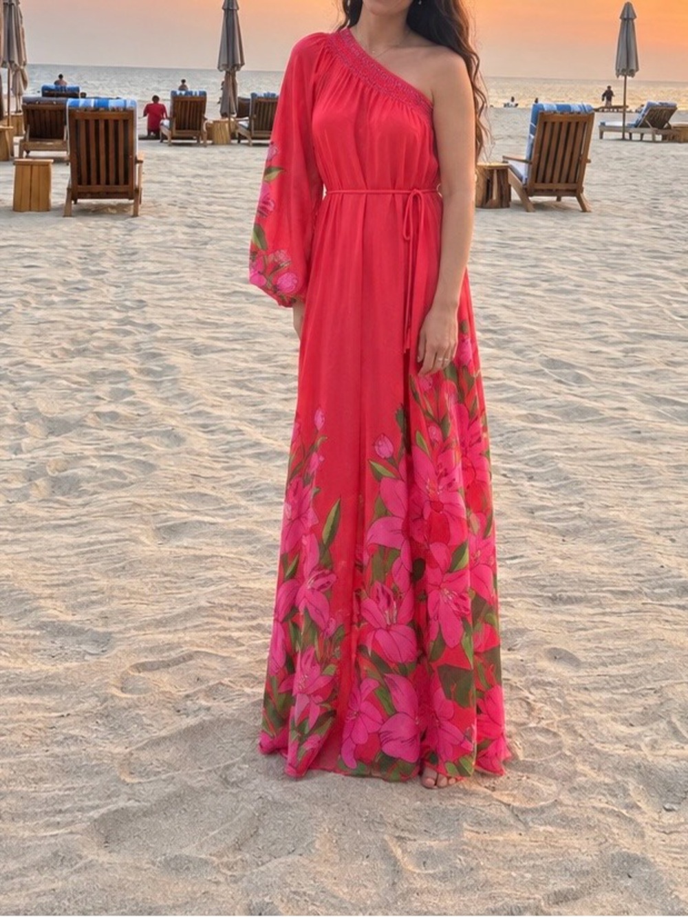 Farm Rio One-Shoulder Red Floral Maxi Dress
